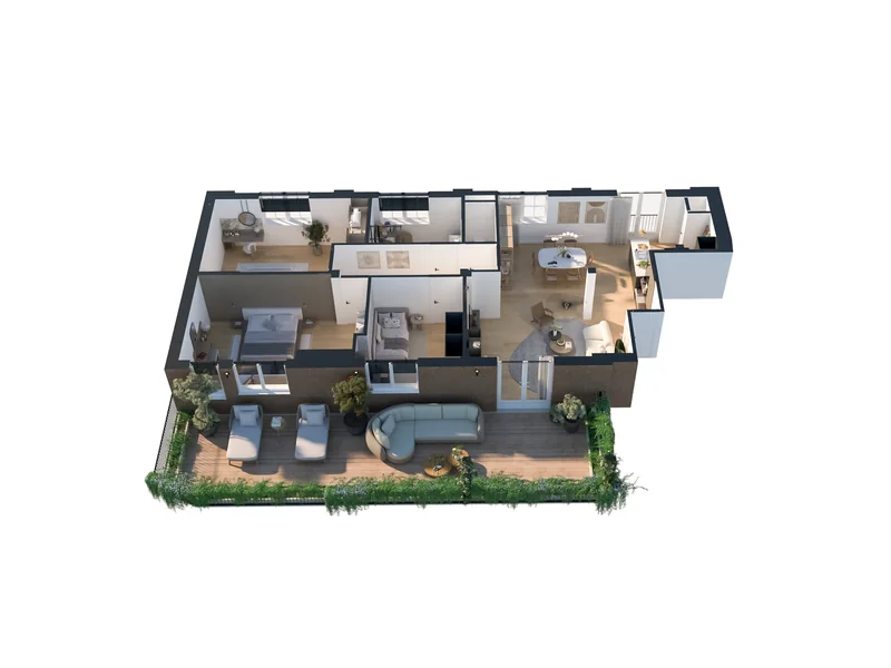 HQ 3D floor plan · Perspective with garden